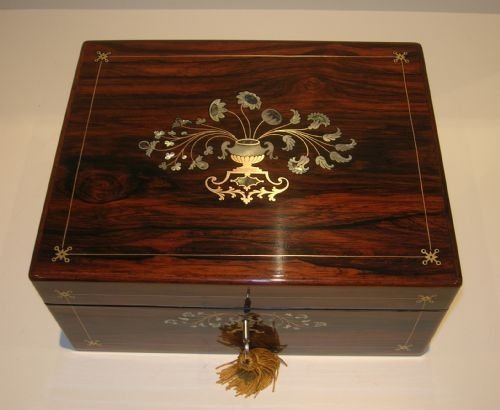 outstanding antique english rosewood jewellery box mother of pearl brass inlay c1840