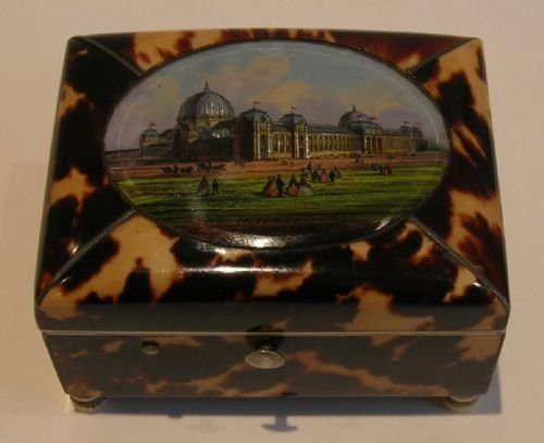 fabulous antique tortoiseshell box reverse painted great exhibition 1851