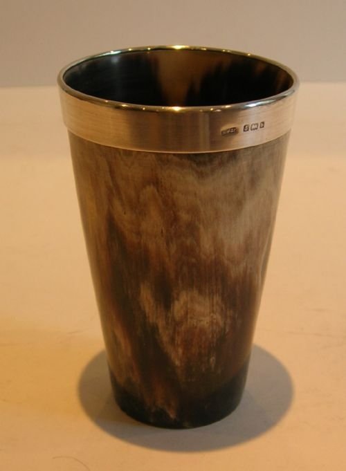 antique english sterling silver rimmed horn cup or beaker