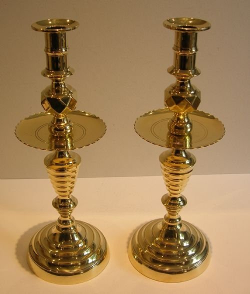 grand pair oversized brass diamond candlesticks victorian