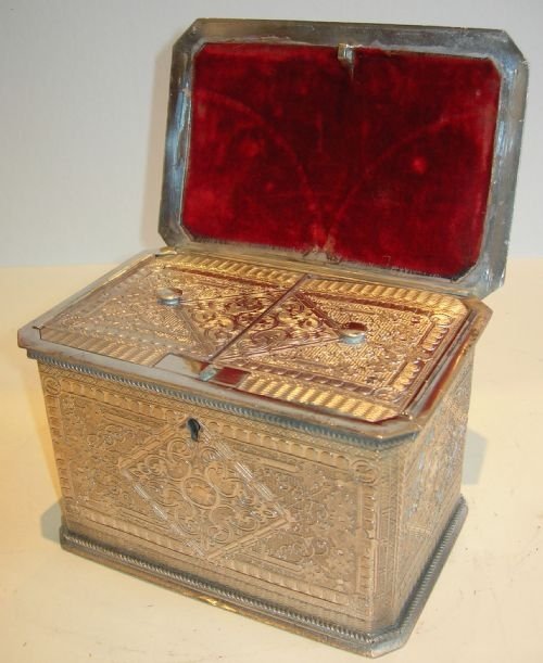 antique english britannia metal silver plated double compartment tea caddy c1860