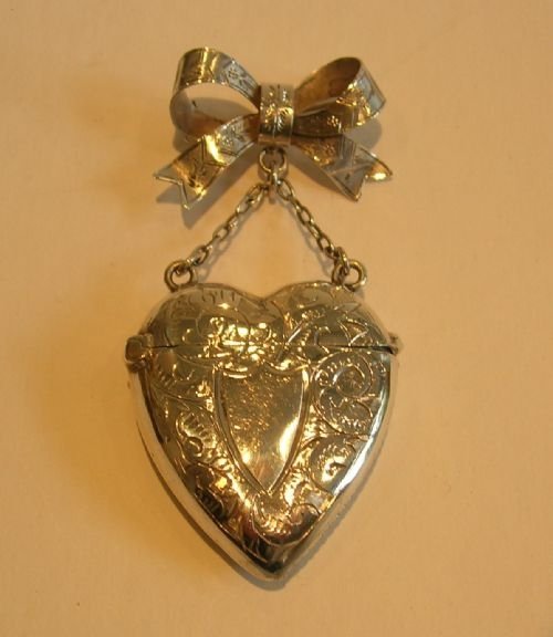 antique english sterling silver heart shaped vesta pin or brooch 1899