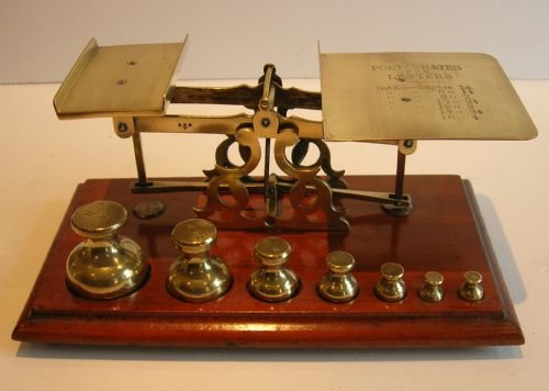 antique english mahogany brass postal scales fabulous waisted weights signed