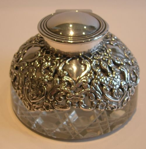 stunning english glass sterling silver inkwell by william comyns 1895