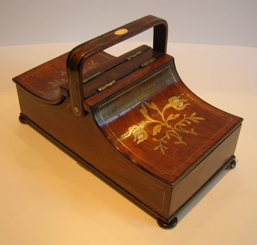 unusual regency rosewood sewing box basket brass ivory inlaid c1820