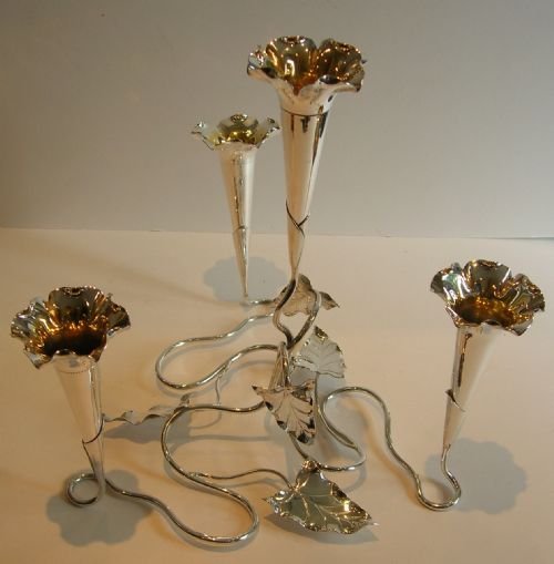 antique english silver plated four trumpet flower epergne c1900