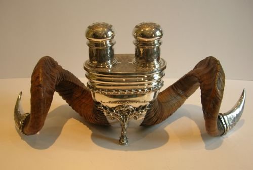 rare antique english ram's horn silver plate inkwell by walker hall