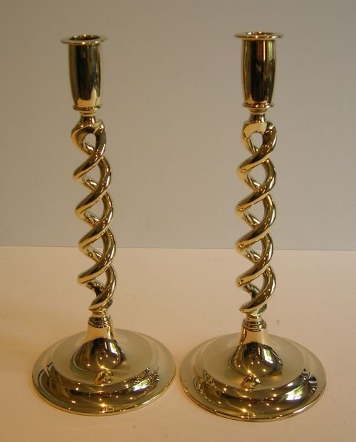 Pair Antique English Brass Open Barley Twist Candlesticks C.1900, 129262