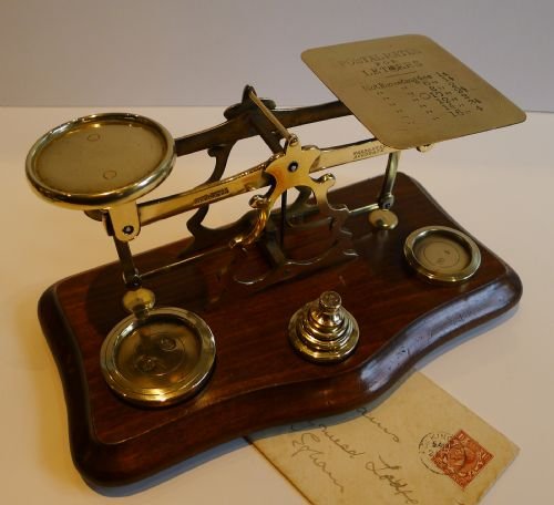 antique english walnut brass postal letter scales by john heath c1900