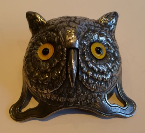 rare german polished figural desk bell with original glass eyes c1900 owl