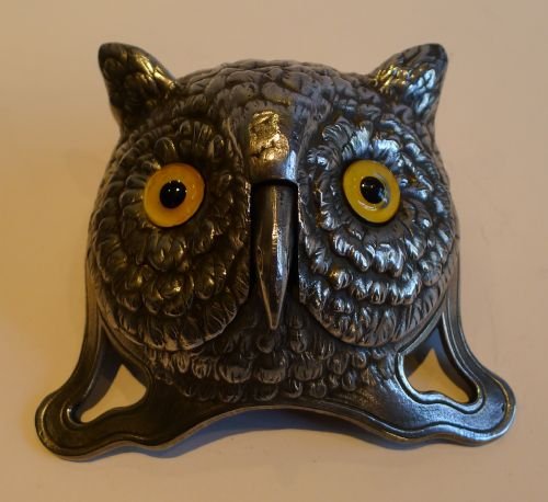 Rare German Polished Figural Desk Bell With Original Glass Eyes C rare german polished figural desk bell with original glass eyes c1900 owl - Rare German Polished Figural Desk Bell With Original Glass Eyes C