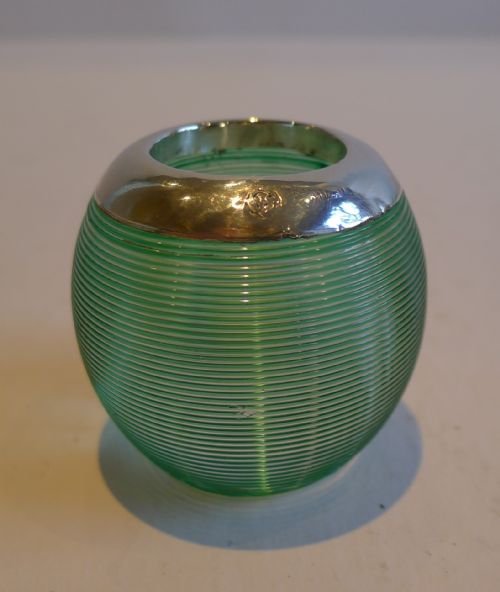 rare small green coloured threaded glass match striker sterling silver mount 1904