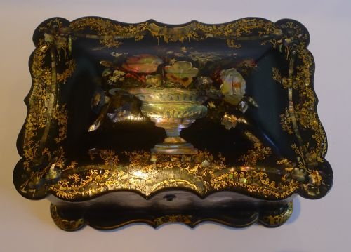magnificent antique english papier mache tea caddy c1860 urn of flowers