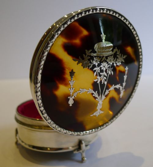 sterling silver tortoise shell jewellery trinket box silver pique inlay