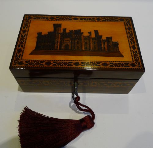 small antique english tunbridge ware castle box c1840