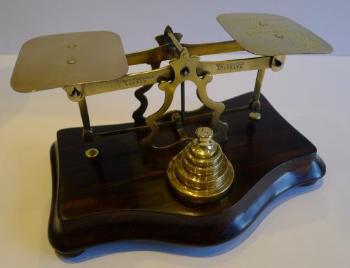 Antique Edwardian Brass and Oak Postal Scales for Letters 