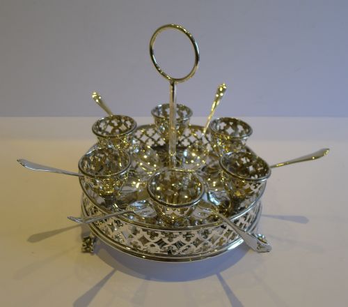 handsome antique english galleried silver plate egg cruet by elkington 1850