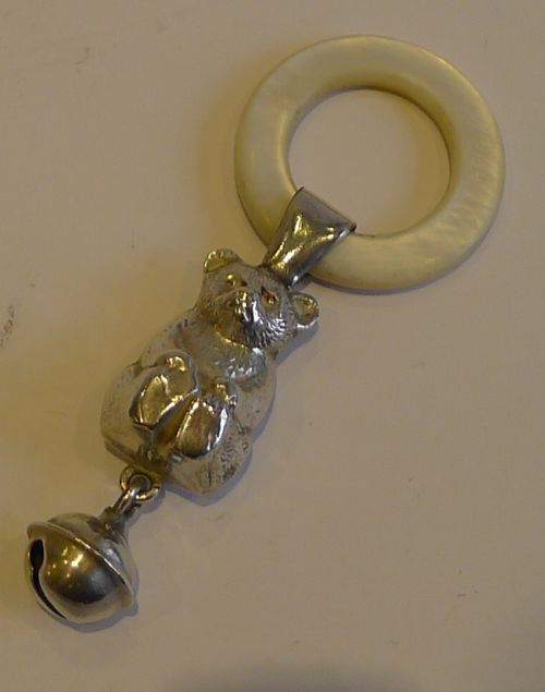 antique english sterling silver mother of pearl baby rattle teddy bear