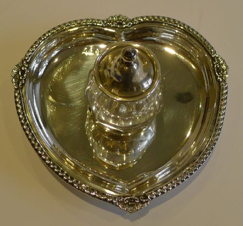 antique english sterling silver heart shaped inkstand with cut crystal inkwell 1903