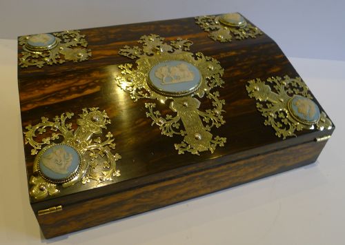 antique english coromandel lap desk writing slope wedgwood plaques c1860 secret drawers