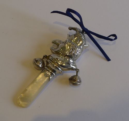 mr punch english sterling silver baby rattle mother of pearl handle 1934