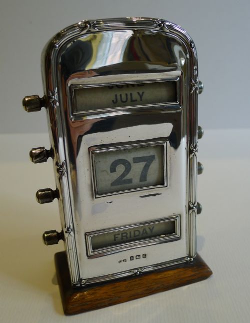 antique english oak sterling silver perpetual desk calendar 1906