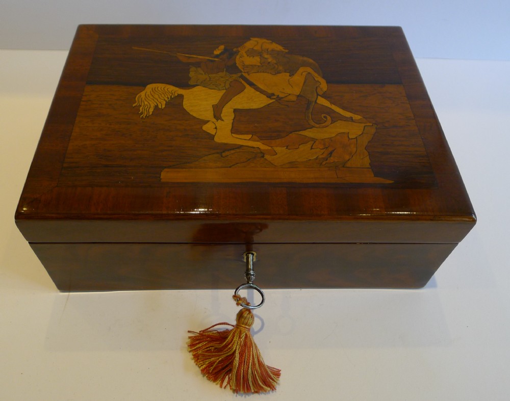 unusual antique english inlaid table desk box american indian lion c1880