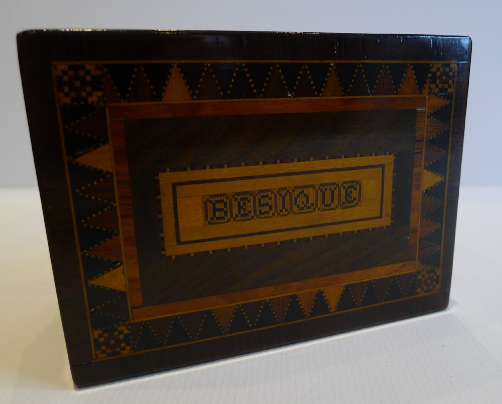 antique english walnut tunbridge ware besique playing card box c1880