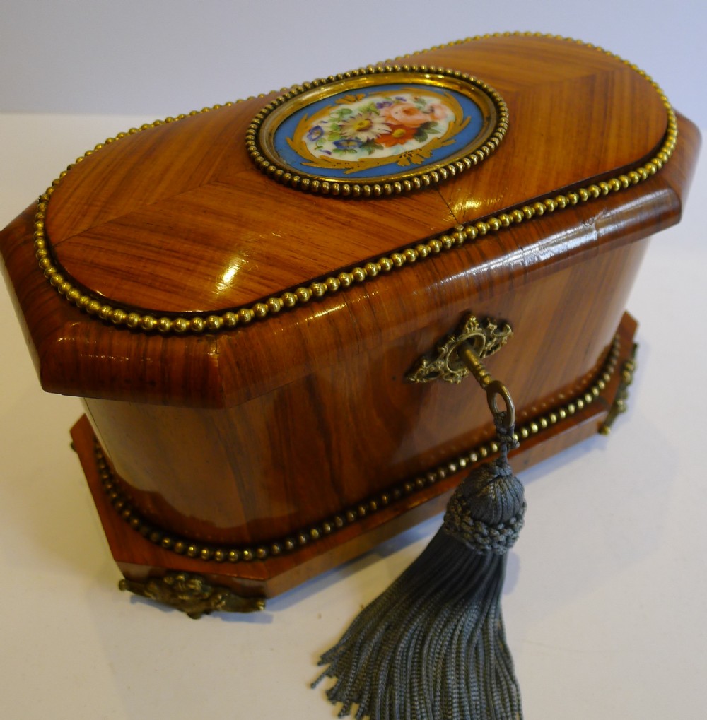 rare antique french tulipwood tea caddy with sevres plaque burr holly interior c1850
