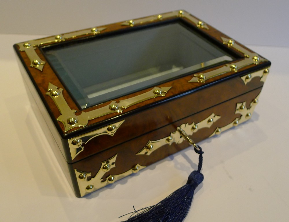 brass mounted burl walnut jewellery box c1860 glazed lid
