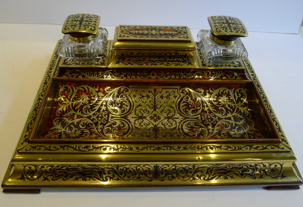 grand large antique english tortoiseshell boulle desk set by leuchars son c1890