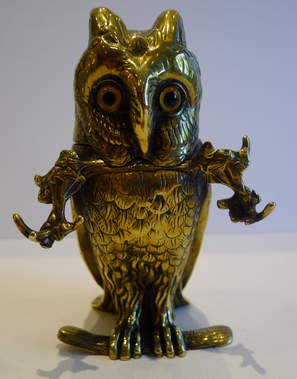 fabulous antique english figural inkwell cast brass owl with glass eyes