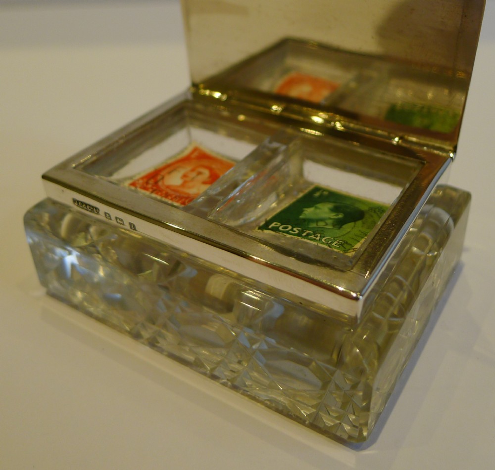 unusual antique english cut crystal sterling silver double postage stamp box