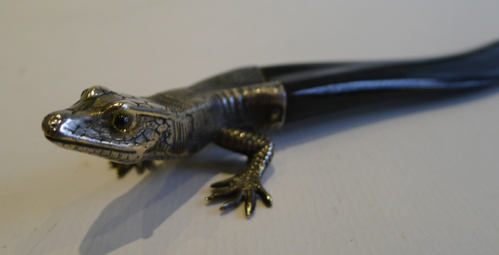 antique english horn silver plated figural letter opener lizard