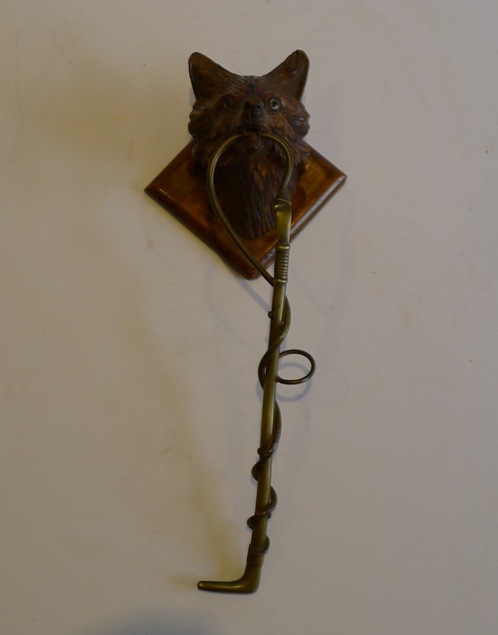 antique black forest carved fox head brass riding crop hook c1890