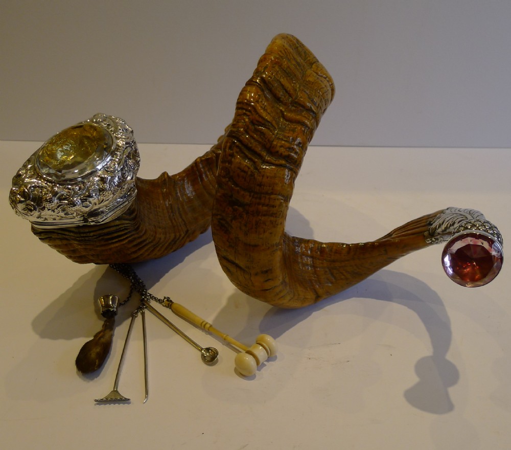 magnificent antique scottish ram's horn snuff mull with original tools c1870