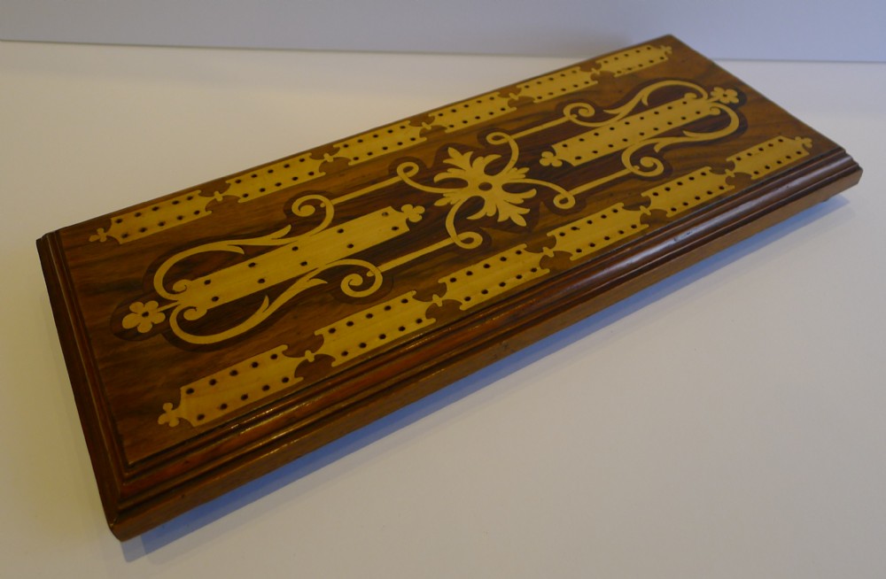 huge antique english inlaid walnut cribbage board c1880