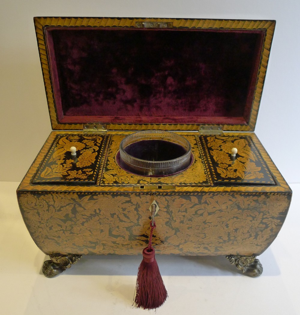fabulous antique english penwork double compartment tea caddy c1820