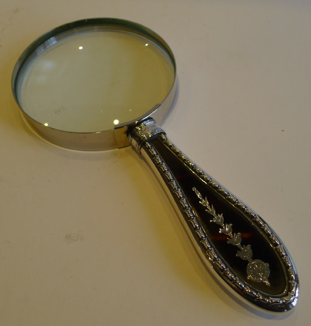 english sterling silver tortoise shell magnifying glass pique inlaid