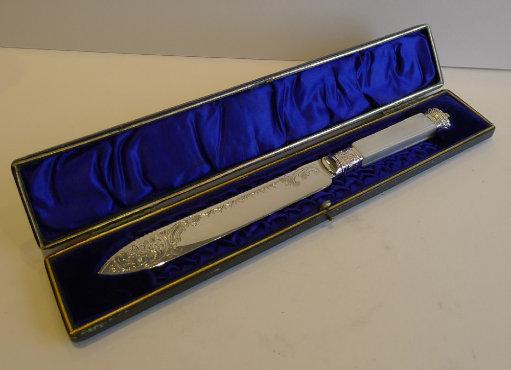 magnificent antique english boxed silver plate mother of pearl cake knife