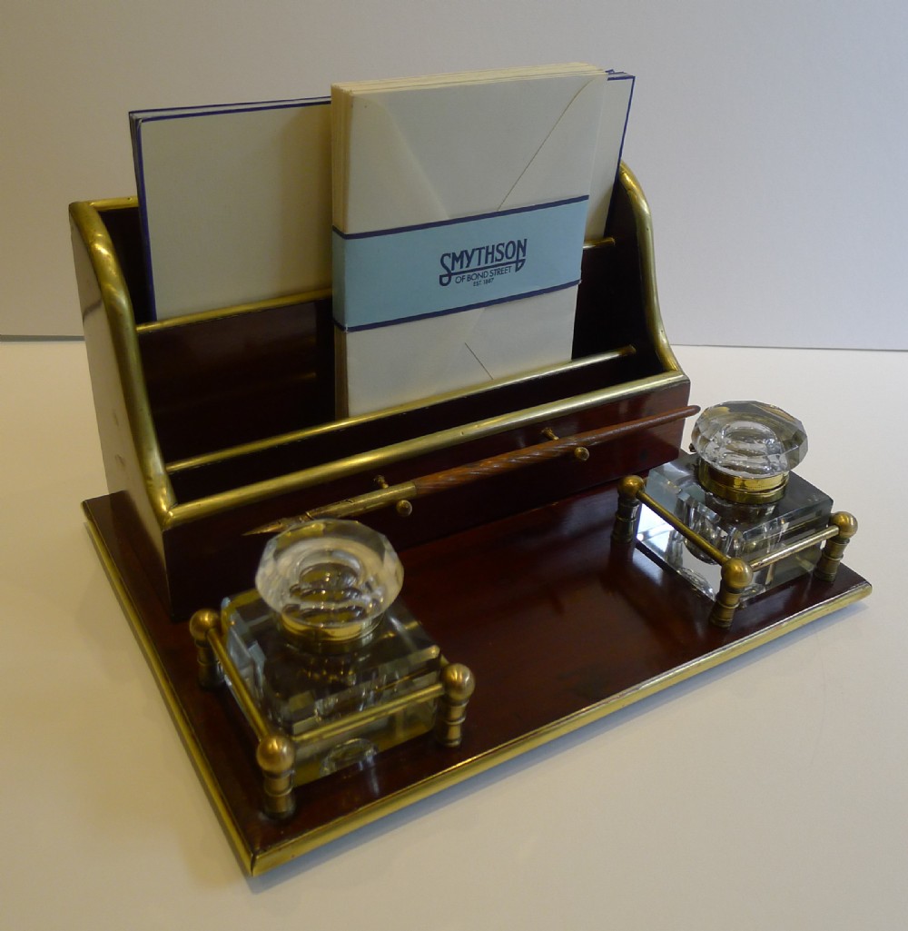antique french mahogany and brass desk set inkstand stationery rack c1900