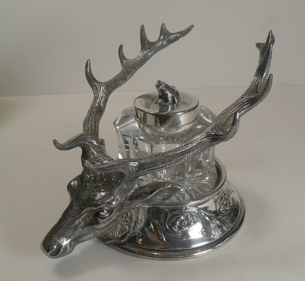 antique figural stag and frog inkwell pen rest by reed and barton c1900