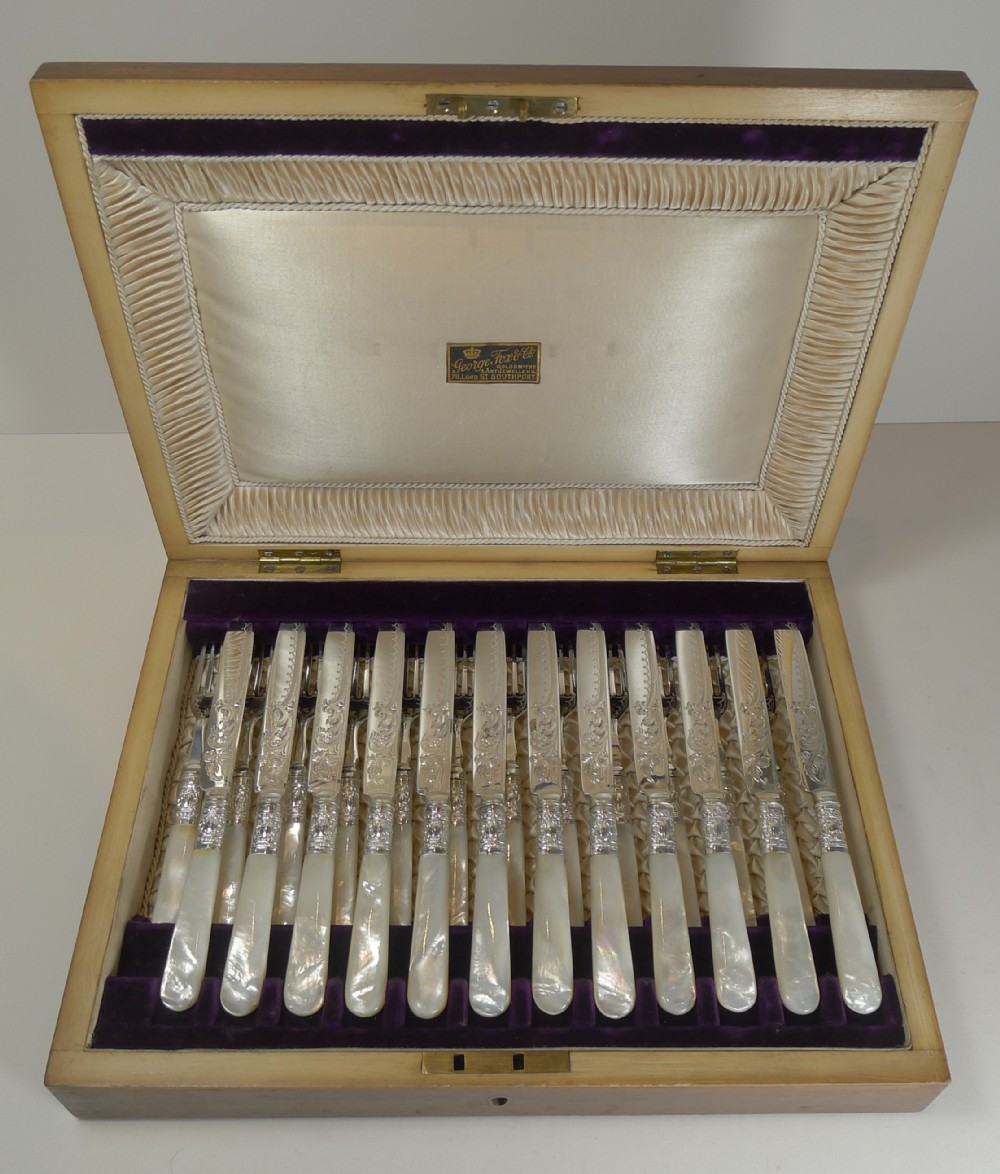 magnificent set 12 fruit knives forks mother of pearl handles levesley brothers c1890