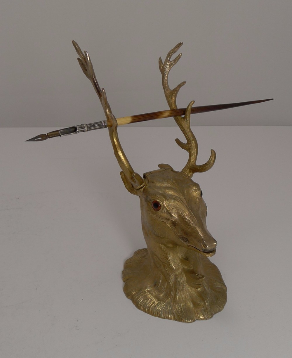 antique english figural gilded bronze inkwell original glass eyes stag c1880