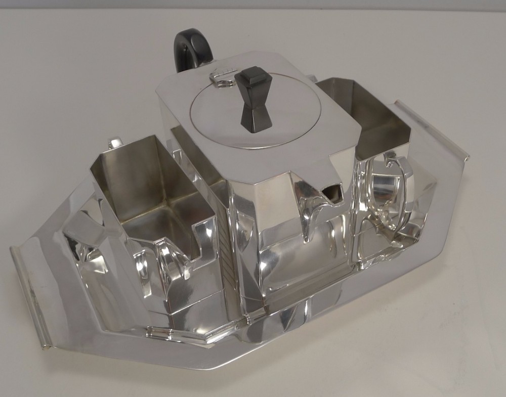 art deco silver plated tea set on tray porwel patent c1930