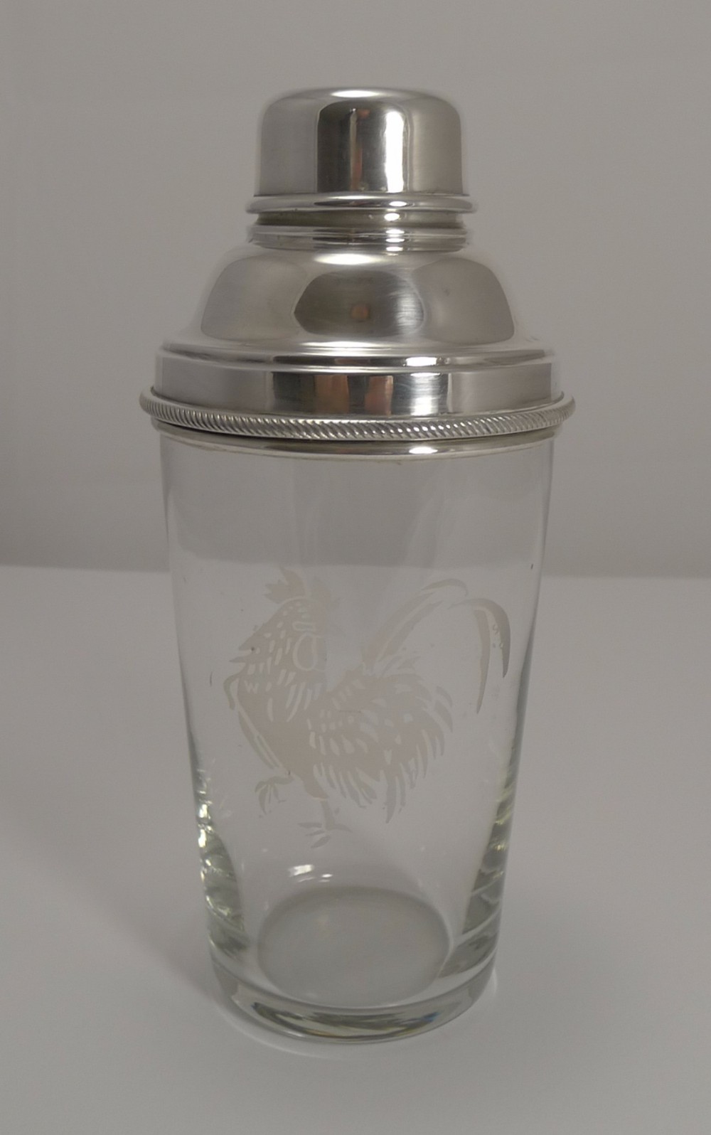 vintage english glass and silver plate cocktail shaker rooster c1930