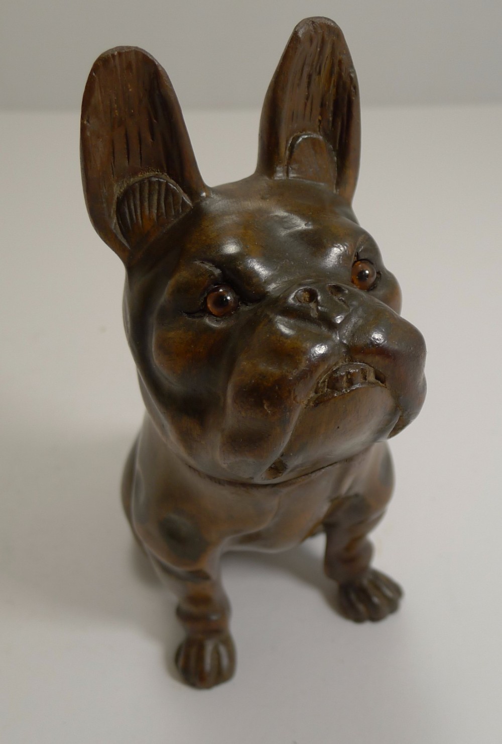 antique carved black forest french bulldog figural inkwell glass eyes c1900