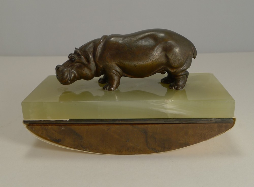 fabulous figural bronze desk top rocking blotter by asprey london c1920 hippopotamus