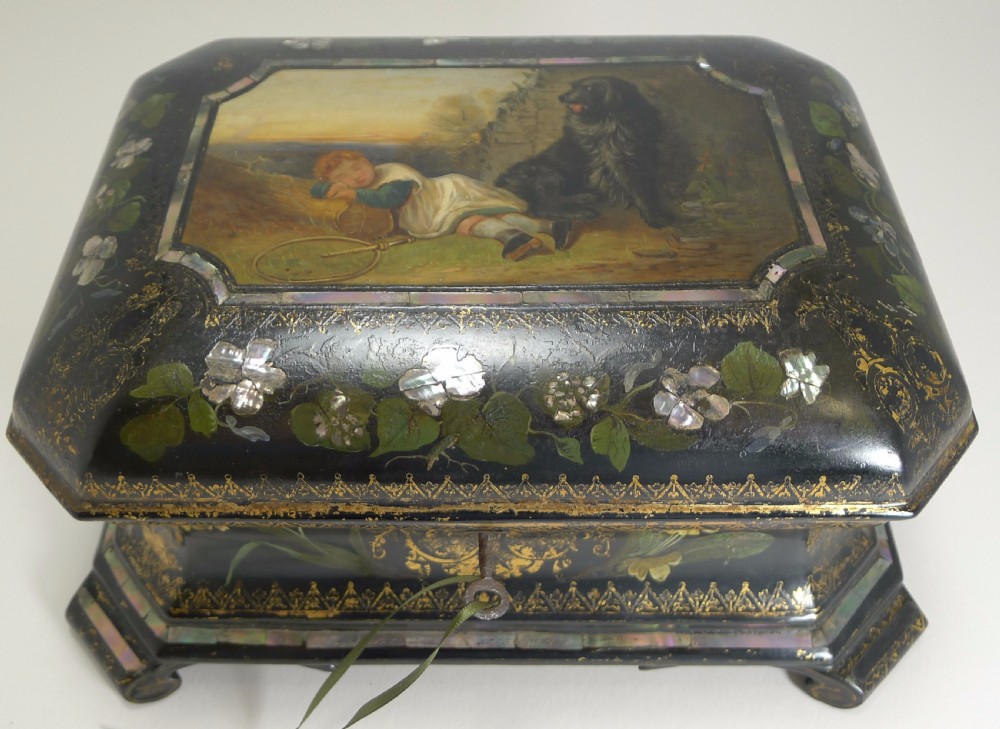 exquisite jennens bettridge jewellery box c1850 girl and dog painting