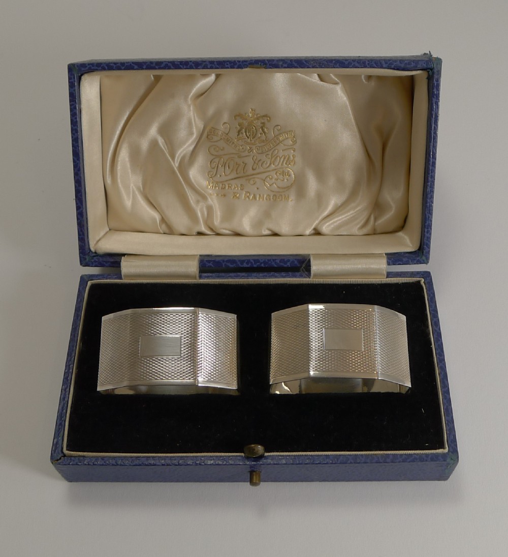 pair english sterling silver art deco napkin rings 1934